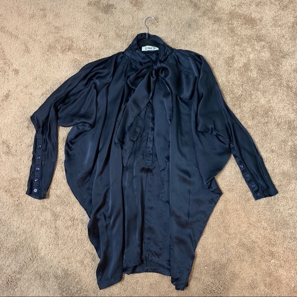 100% Silk long sleeve tie neck navy dress - Picture 5 of 7